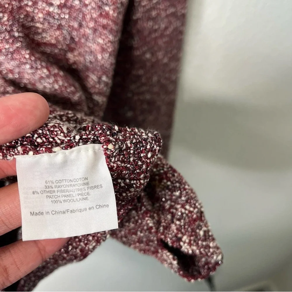 Tory Burch Burgundy Tweed Mock Neck Button Front Pullover Sweater